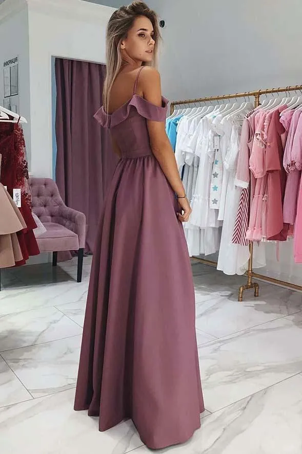 A Line Chiffon Off the Shoulder Prom Dresses Purple Side Slit Evening Dresses JS733