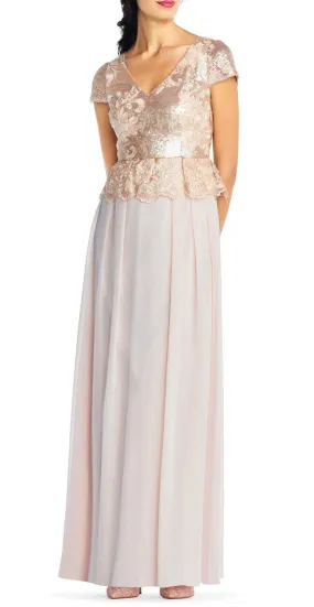 Adrianna Papell AP1E203408 Short Sleeve Pleated Sequin Chiffon Dress