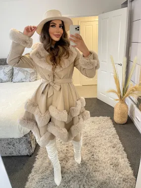 Allana Beige PU Faux Leather Faux Fur Tiered Trim Belted Longline Coat