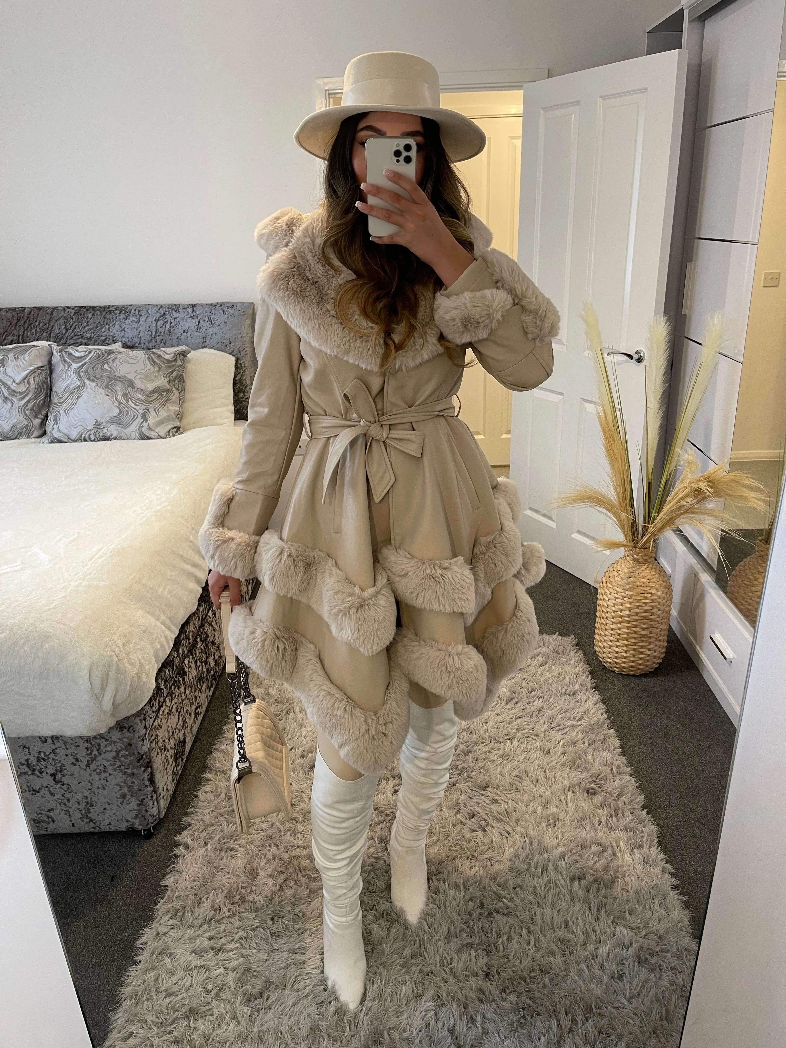 Allana Beige PU Faux Leather Faux Fur Tiered Trim Belted Longline Coat