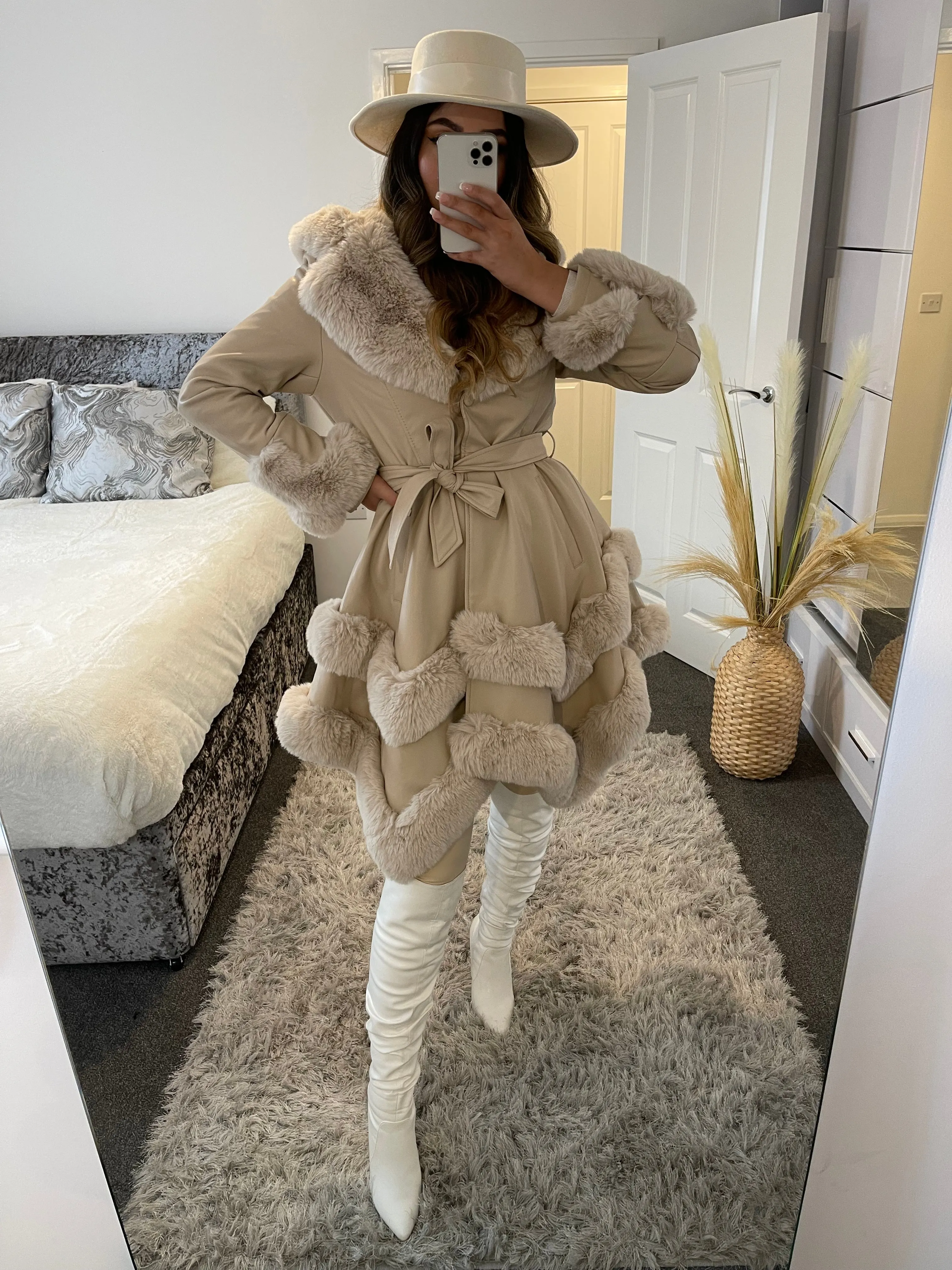 Allana Beige PU Faux Leather Faux Fur Tiered Trim Belted Longline Coat