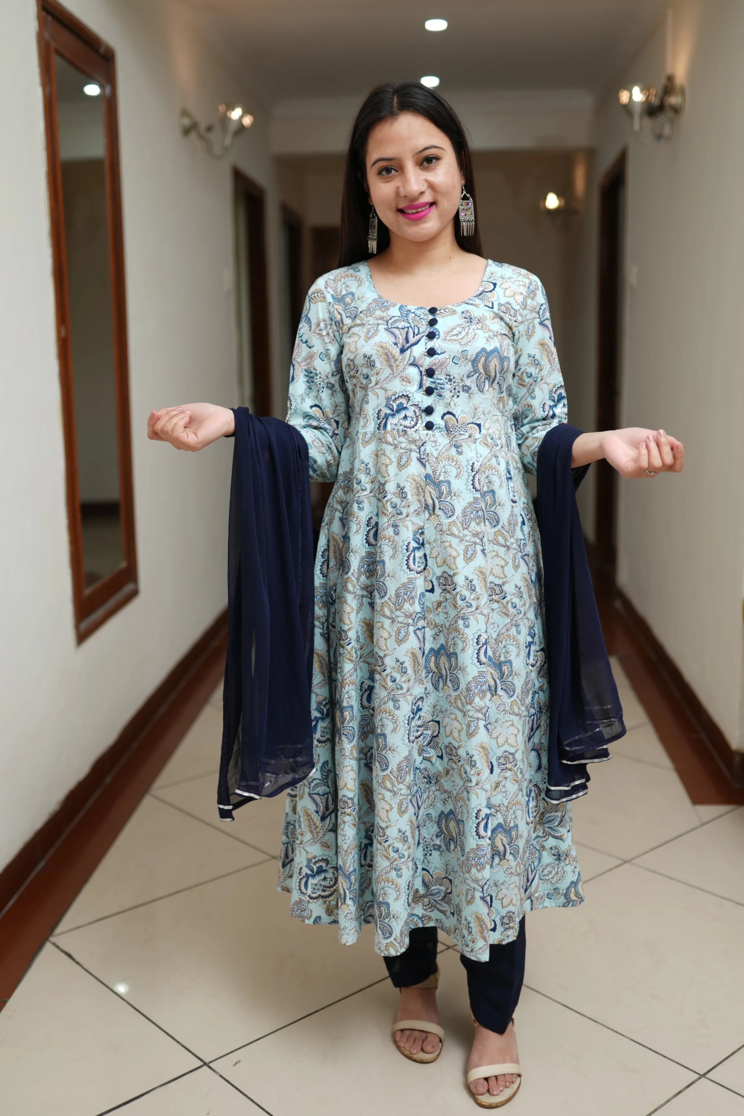 Aqua Serenity Cotton Anarkali Set