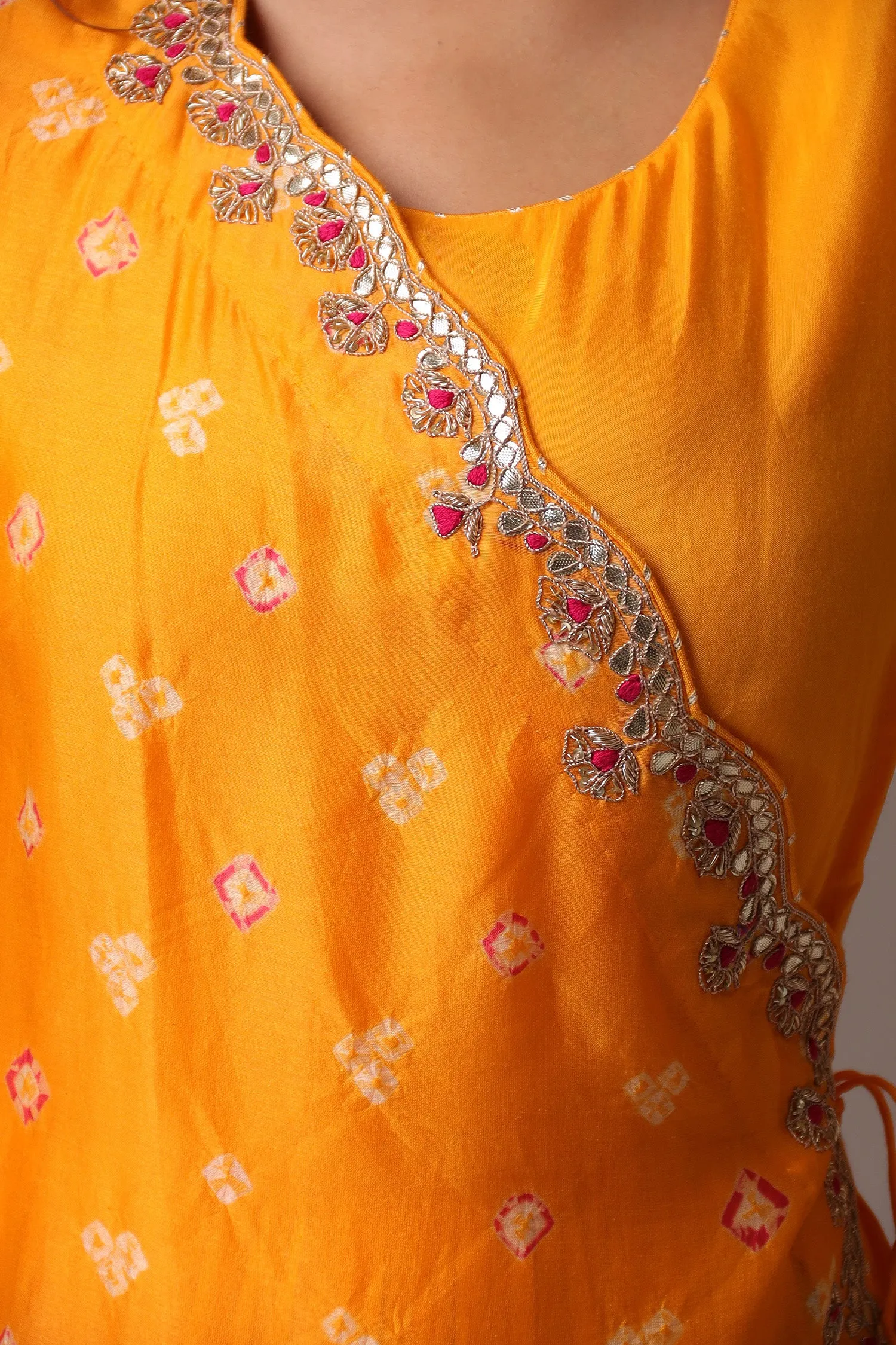 Bandhej Chanderi Jump Suit with Gota Patti work.