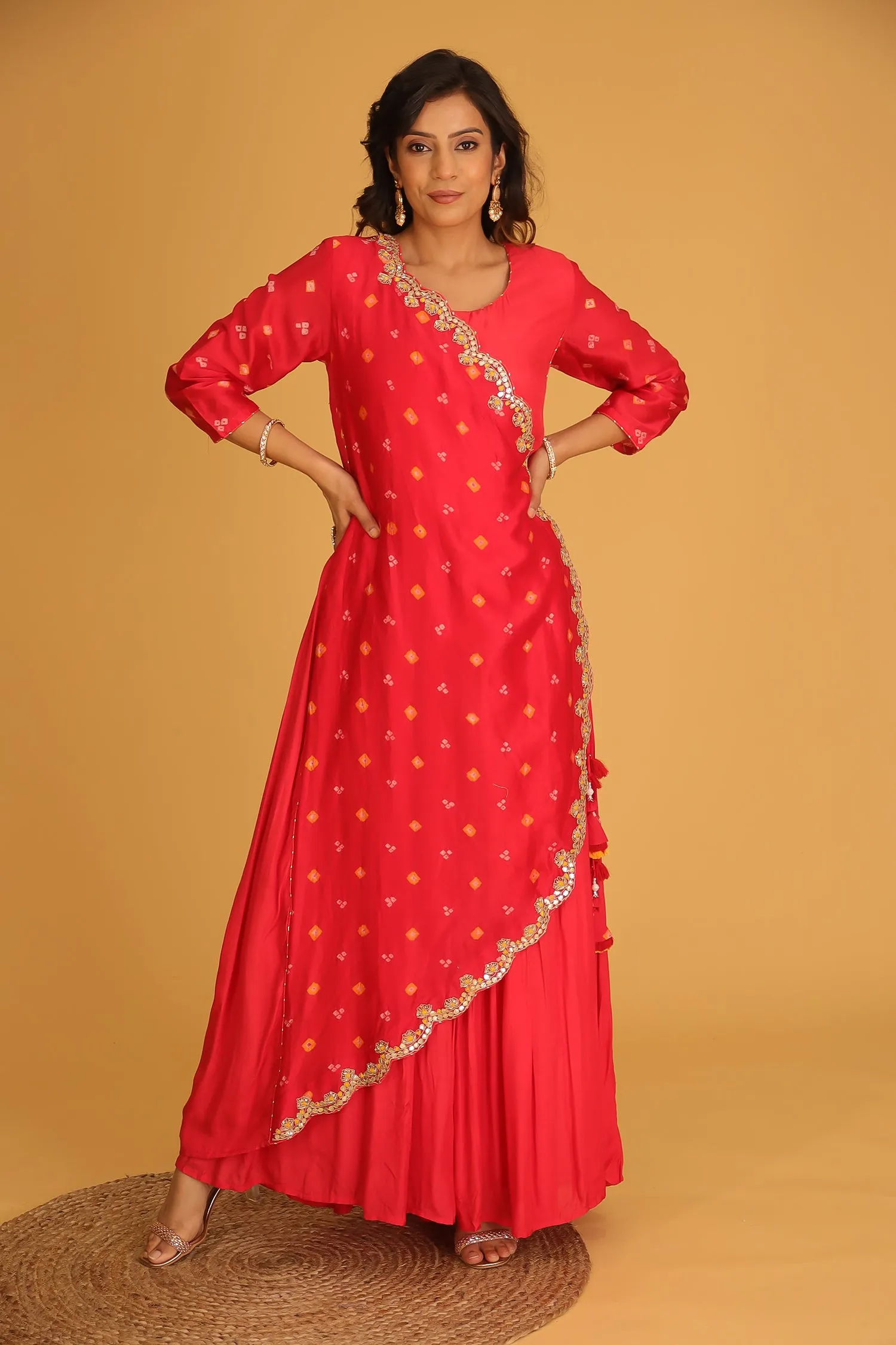 Bandhej Chanderi Jump Suit with Gota Patti work.