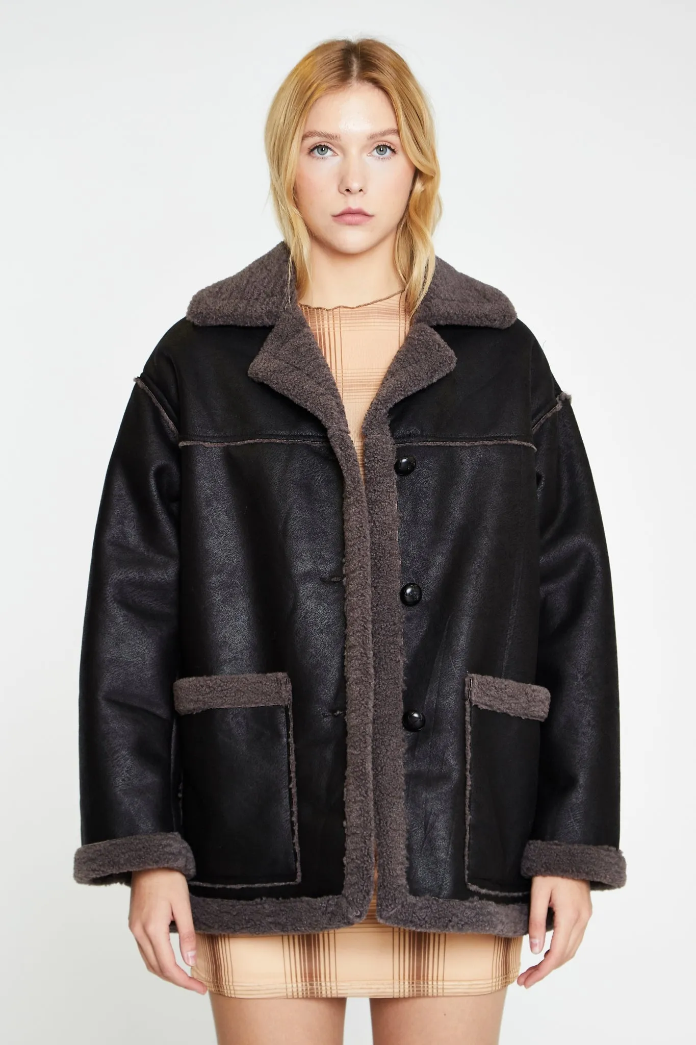 Black Dark-Grey Oversized Shearling Coat