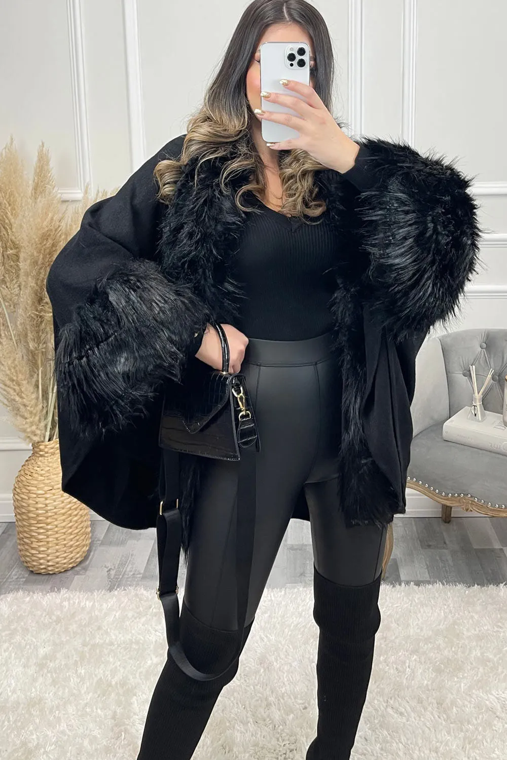 Black Faux Fur Trim Knitted Cape