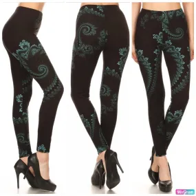 Black With Green Smoke Swirl Leggings One Size