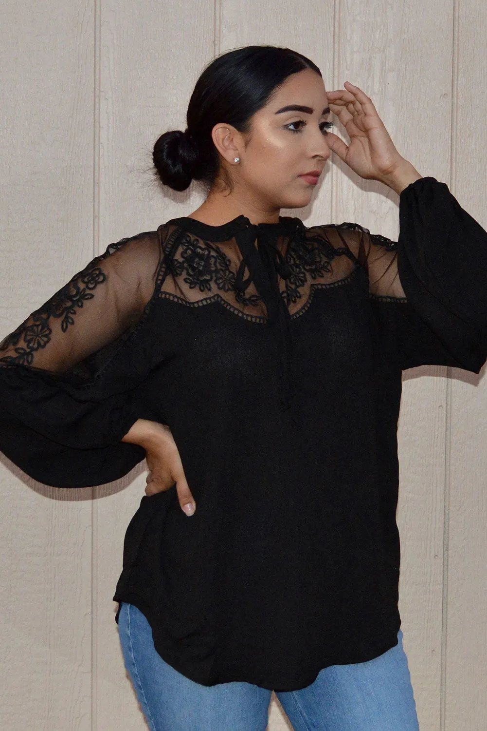 Chic Black Formal Invitation Lace Blouse