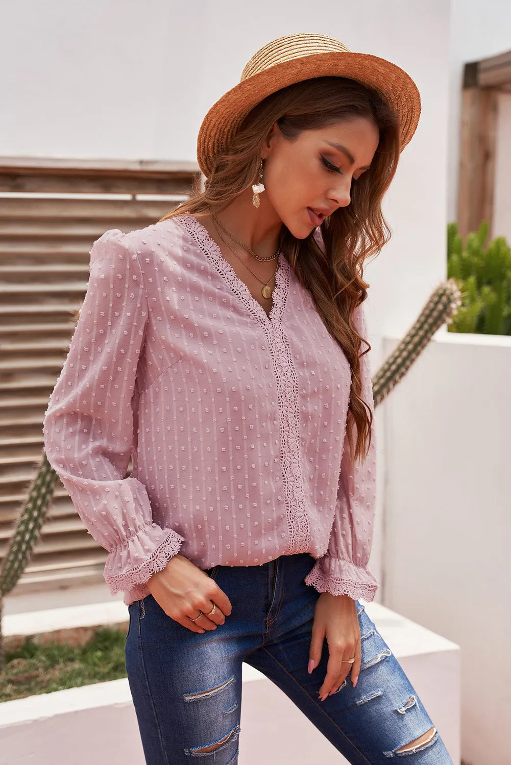 Chic Pink Elegant Long Sleeve V-Neck Swiss Dot Lace Blouse