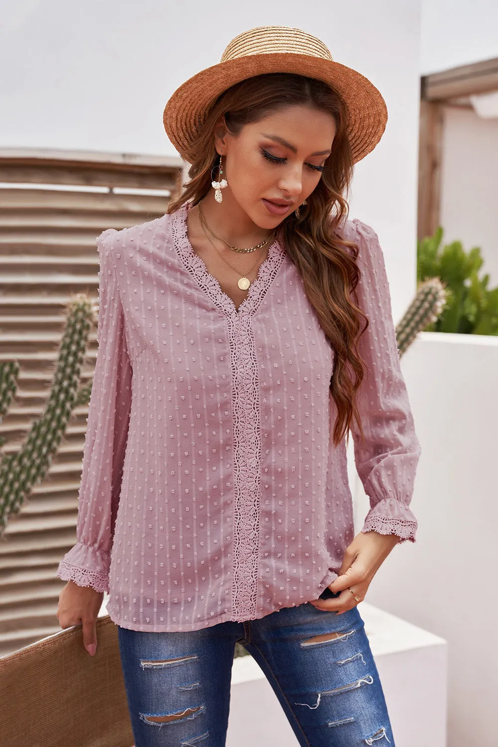 Chic Pink Elegant Long Sleeve V-Neck Swiss Dot Lace Blouse