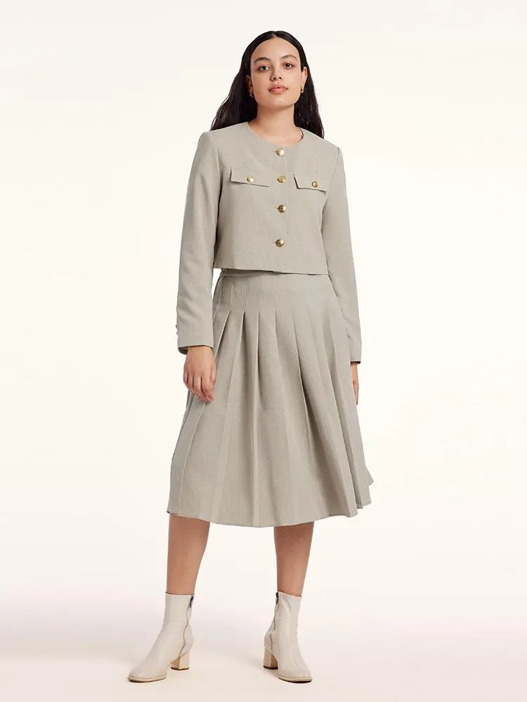 College Style Short Jacket And Pleated Long Skirt Two-Piece Set