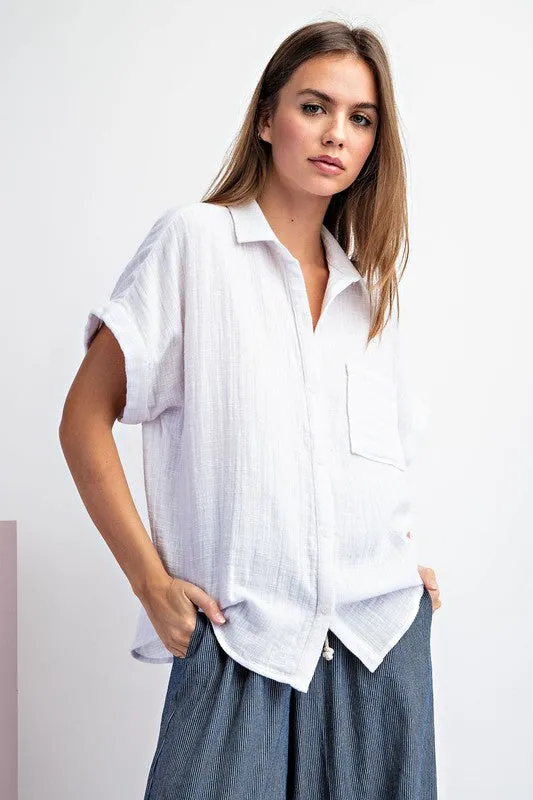 Cotton Short Sleeve Button Top