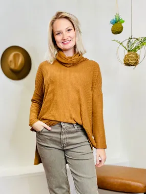 Cowl Neck Waffled Long Sleeve Top - Khaki