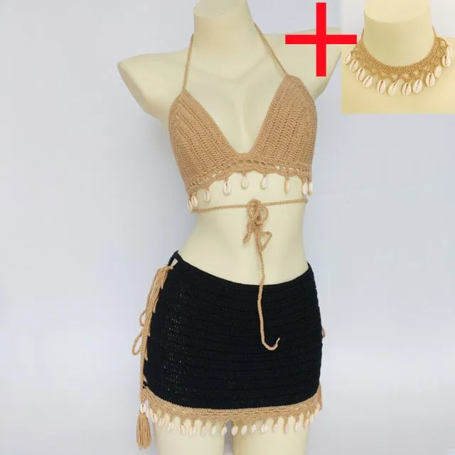 Crochet Bikini Top Lace Up Sides Skirt And Choker Set With Cowrie Shells Choose Black Tan White Or Mixed Available In Small Medium Or Large Triangle Tops With Adjustable Sizing Medium Mini Skirts