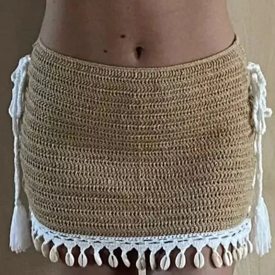 Crochet Bikini Top Lace Up Sides Skirt And Choker Set With Cowrie Shells Choose Black Tan White Or Mixed Available In Small Medium Or Large Triangle Tops With Adjustable Sizing Medium Mini Skirts