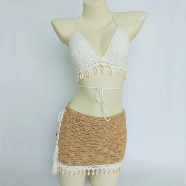 Crochet Bikini Top Lace Up Sides Skirt And Choker Set With Cowrie Shells Choose Black Tan White Or Mixed Available In Small Medium Or Large Triangle Tops With Adjustable Sizing Medium Mini Skirts