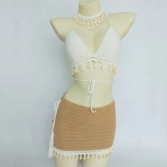 Crochet Bikini Top Lace Up Sides Skirt And Choker Set With Cowrie Shells Choose Black Tan White Or Mixed Available In Small Medium Or Large Triangle Tops With Adjustable Sizing Medium Mini Skirts