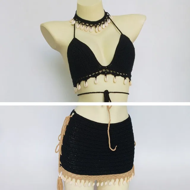 Crochet Bikini Top Lace Up Sides Skirt And Choker Set With Cowrie Shells Choose Black Tan White Or Mixed Available In Small Medium Or Large Triangle Tops With Adjustable Sizing Medium Mini Skirts