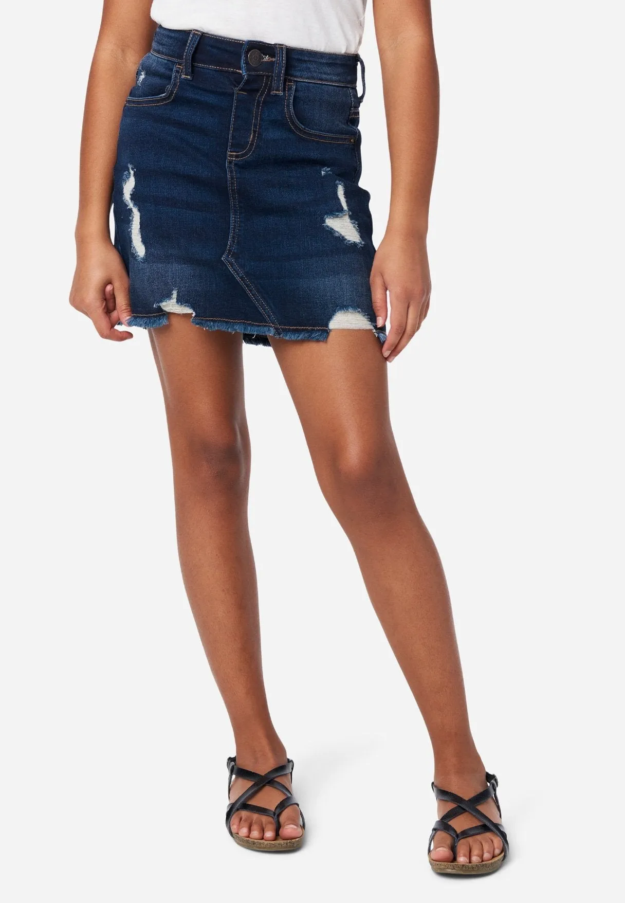 Dark Wash Destructed Denim Skirt