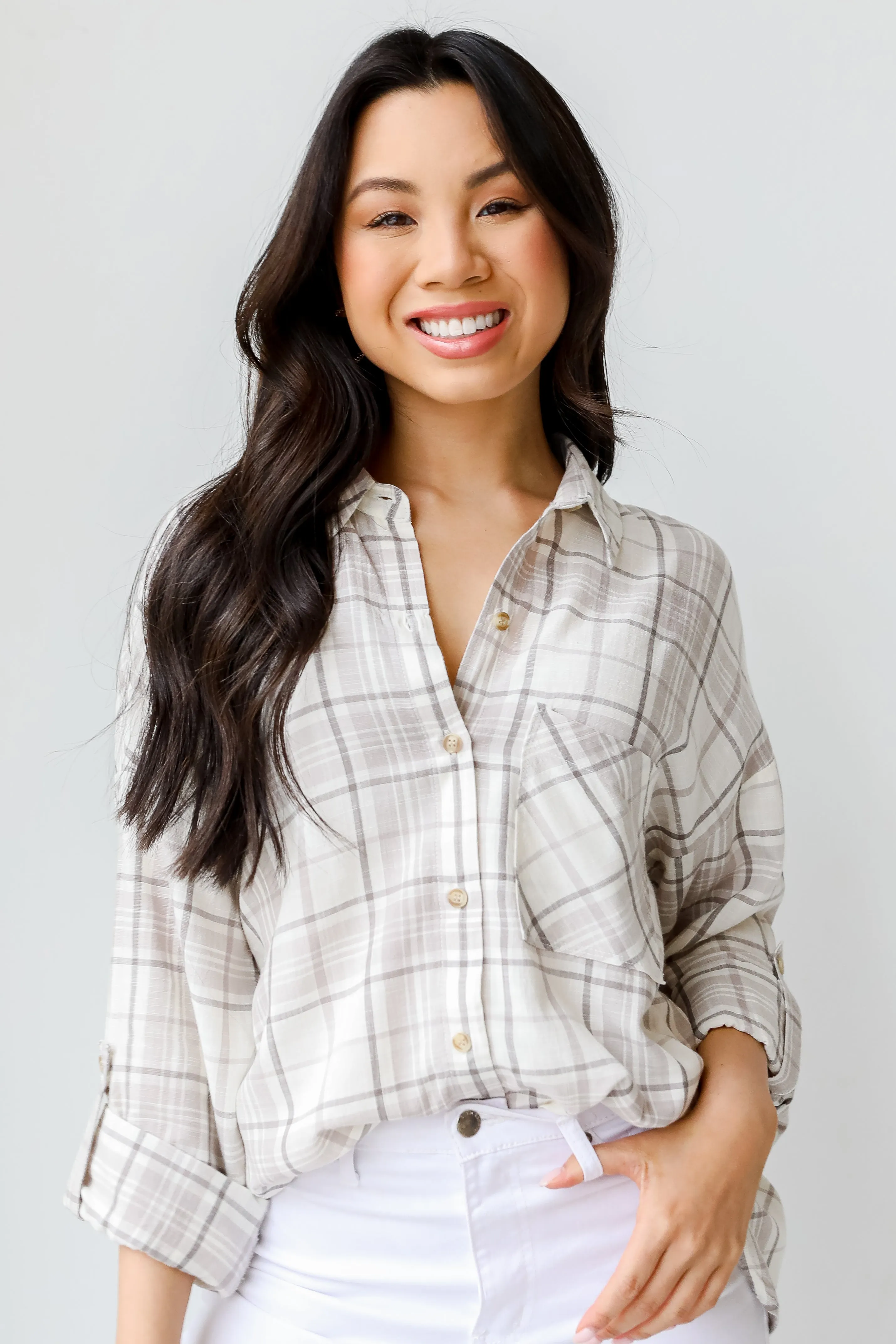 Easy To See Plaid Button-Up Blouse