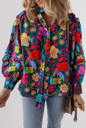 Floral Knot Split Neck Puff Sleeve Blouse