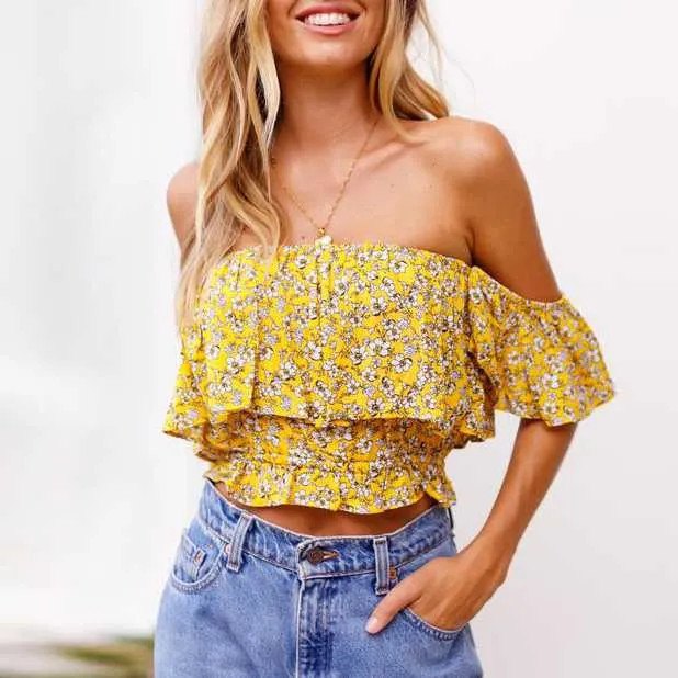 Floral Off The Shoulder Ruffle Layered Strapless Flounce Summer Top