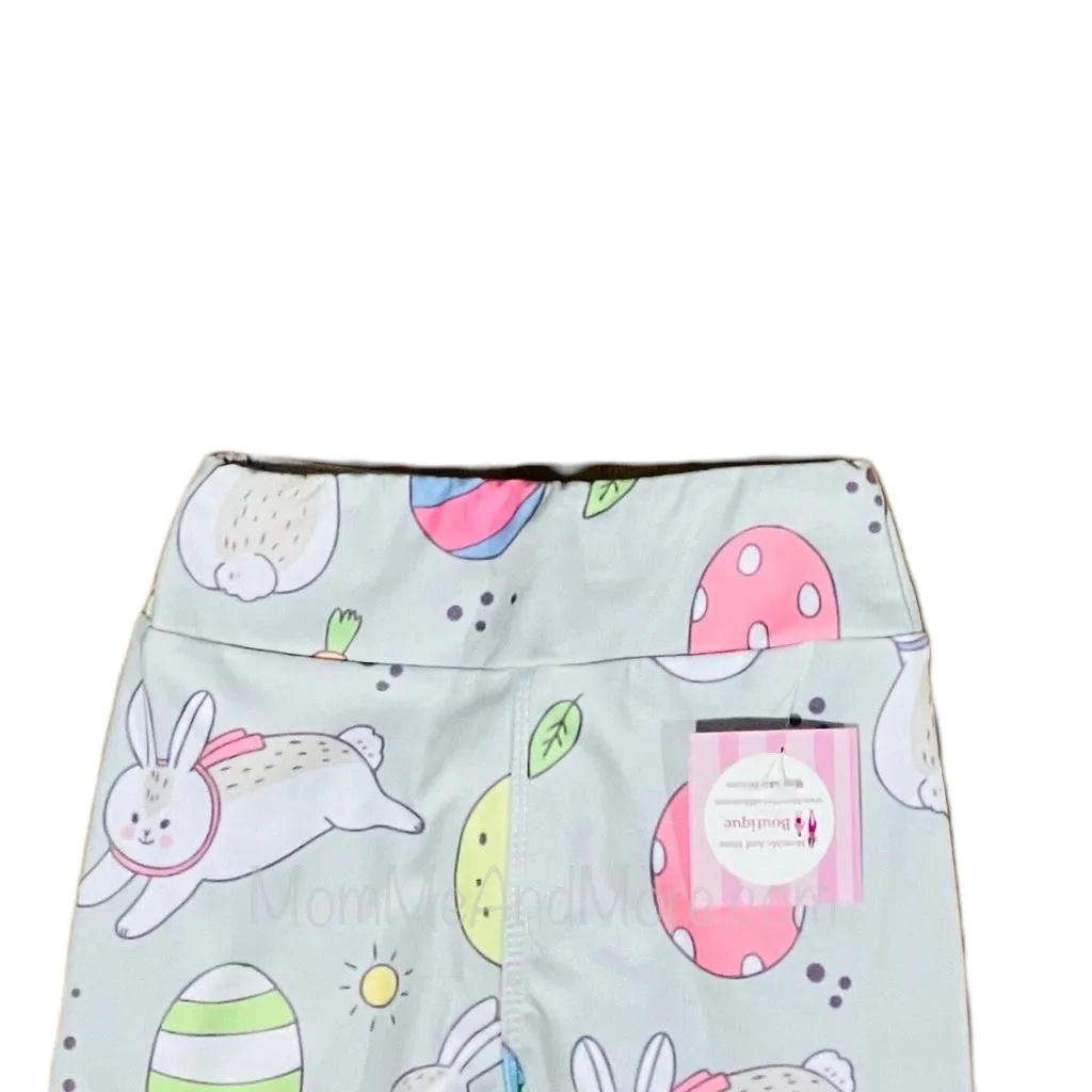 Girls Easter Bunny Leggings, Kids Yoga Pants, Sizes S/L, Yoga Waist, Gray/Pink, Exclusive Leggings