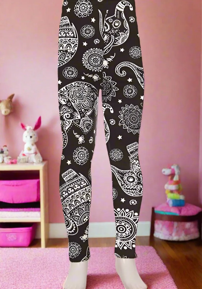 Girls Elephant Leggings, Kids Yoga Pants, Sizes S/L, No-Roll Waist, Black/White