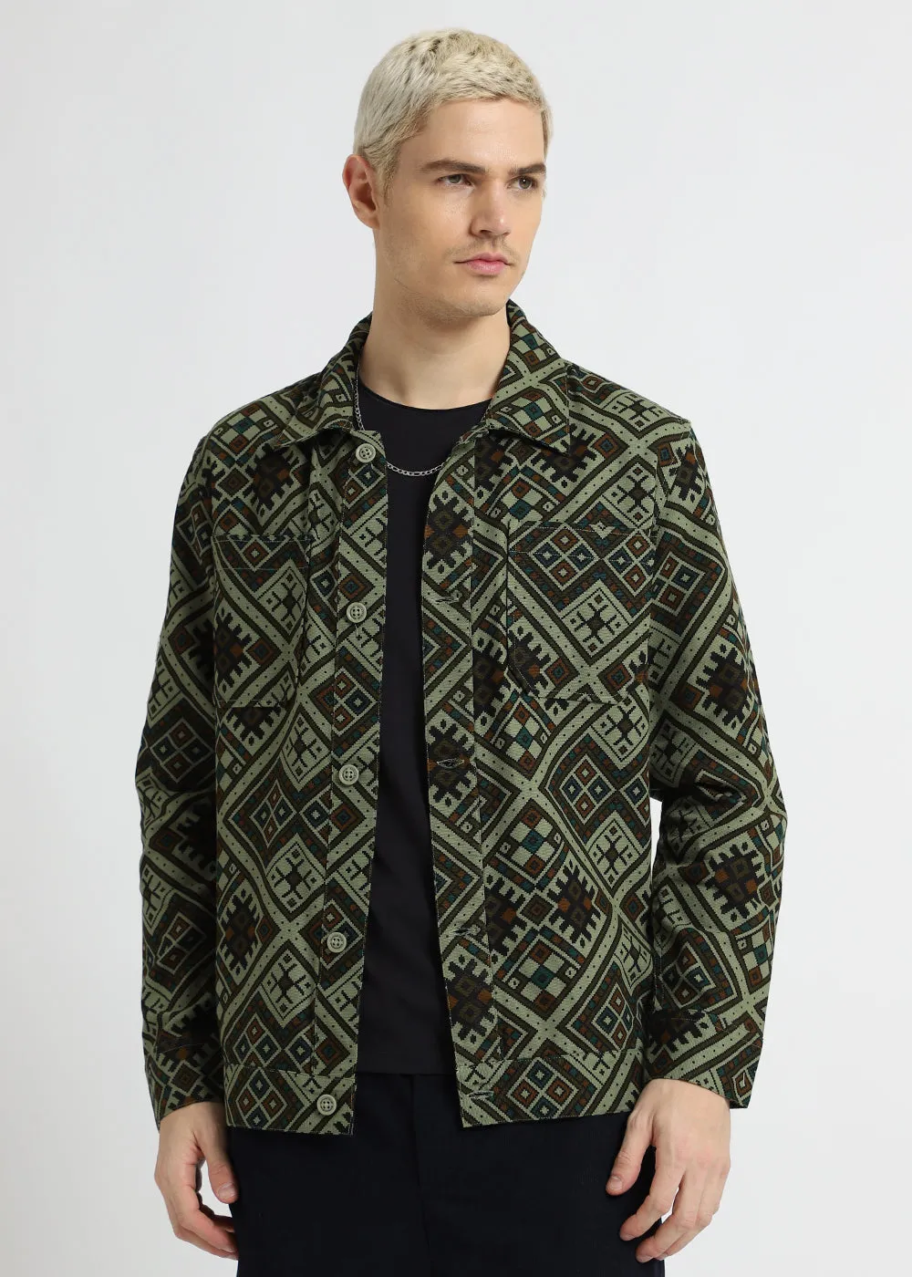 Green Geometric Print Summer Jacket