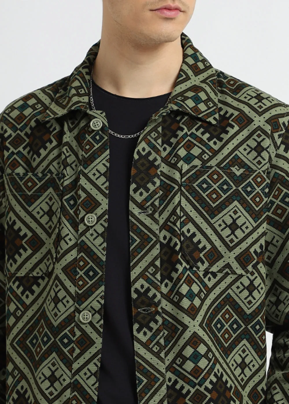 Green Geometric Print Summer Jacket