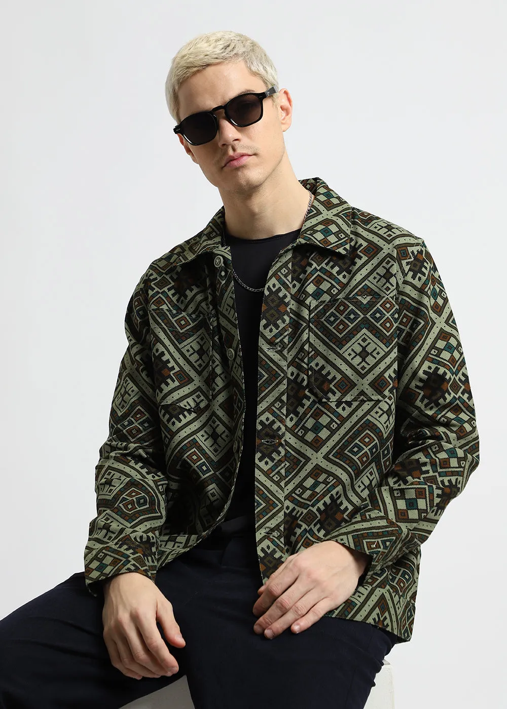 Green Geometric Print Summer Jacket