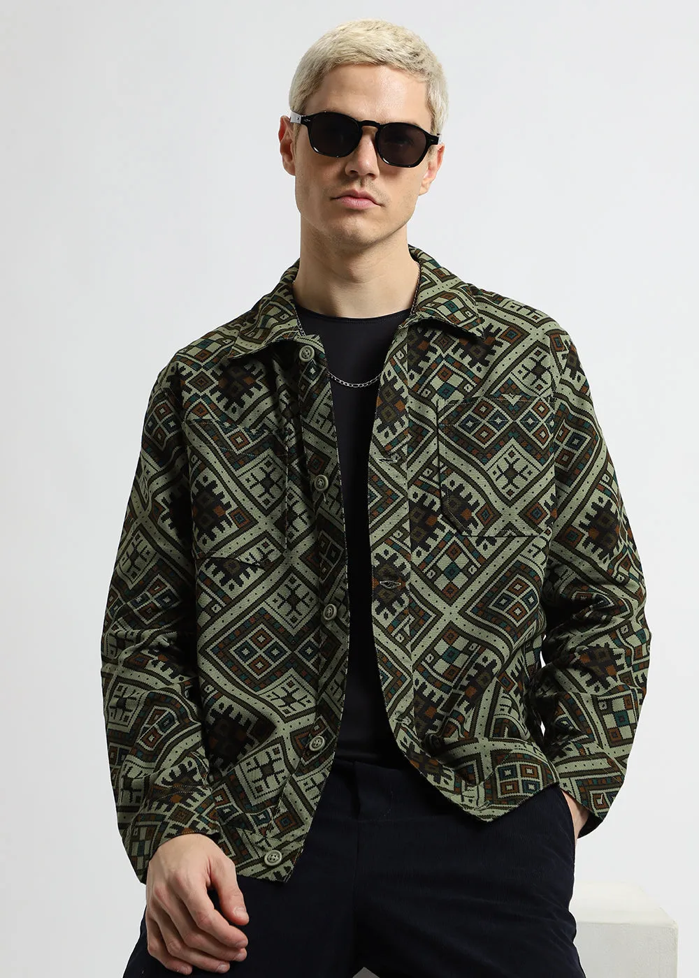 Green Geometric Print Summer Jacket