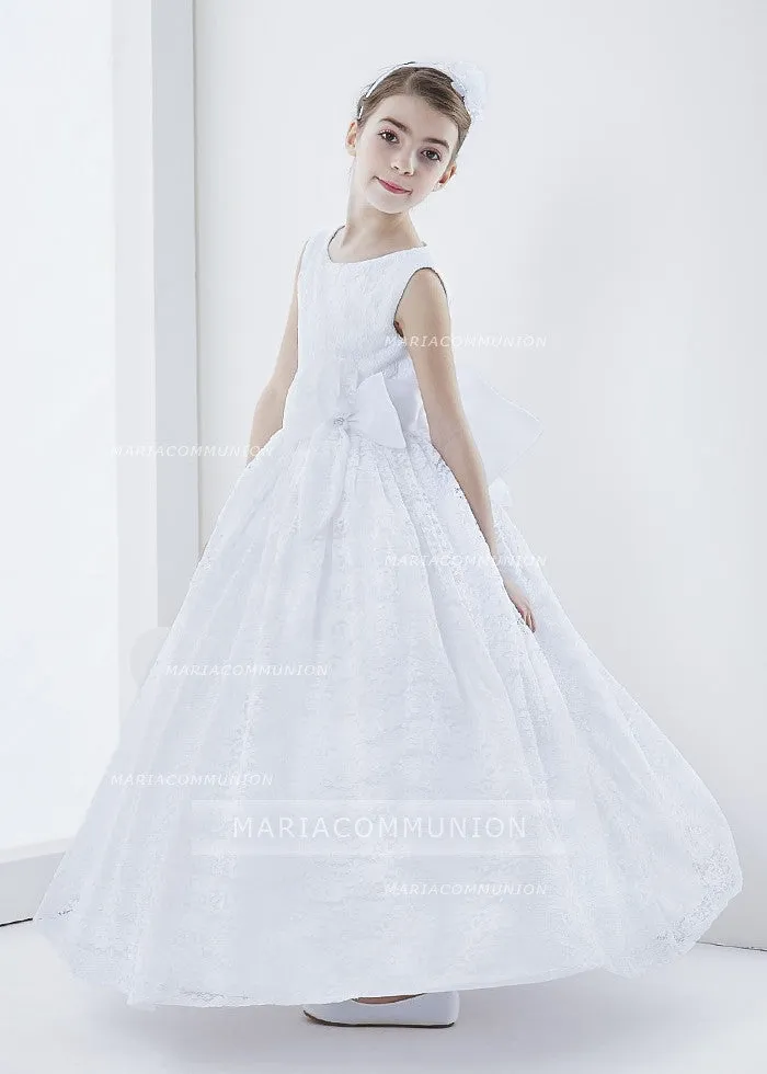 Lace Sleeveless A-Line First Communion Dress With Bow Ribbon