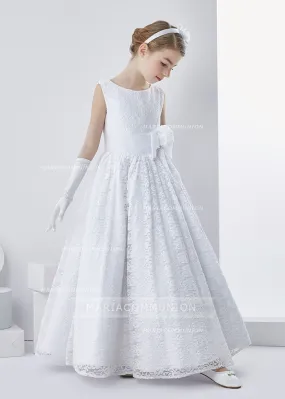 Lace Sleeveless A-Line First Communion Dress With Bow Ribbon