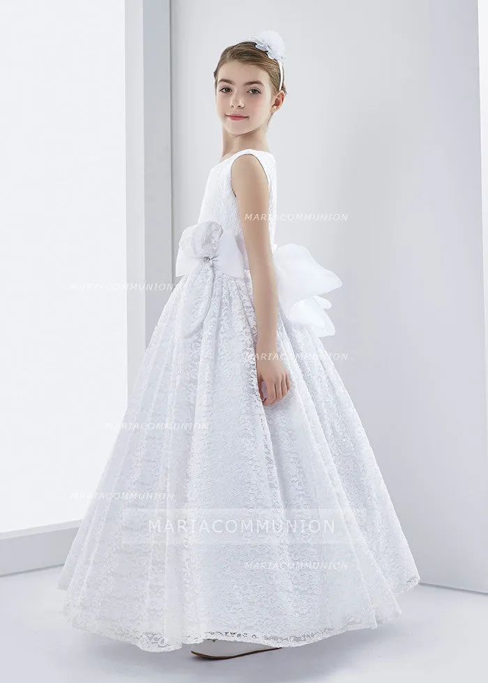 Lace Sleeveless A-Line First Communion Dress With Bow Ribbon