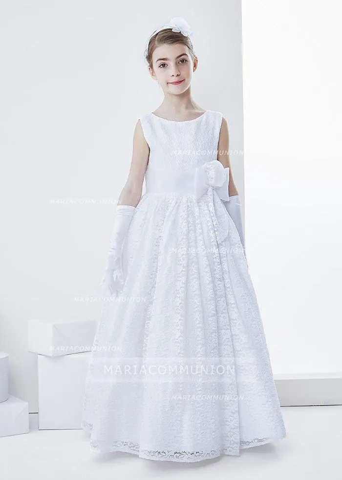 Lace Sleeveless A-Line First Communion Dress With Bow Ribbon