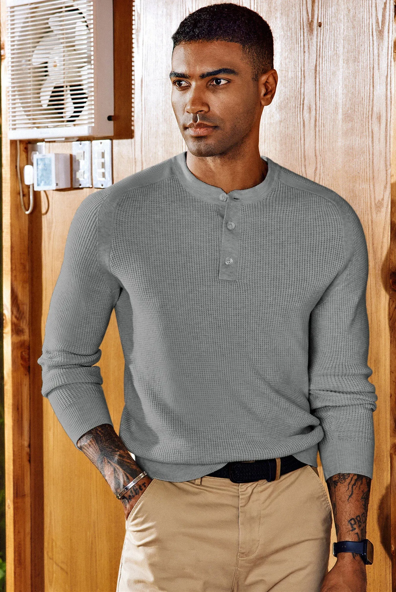 Men Waffle Textured Sweater Long Raglan Sleeve Henley Neck Knitwear Tops