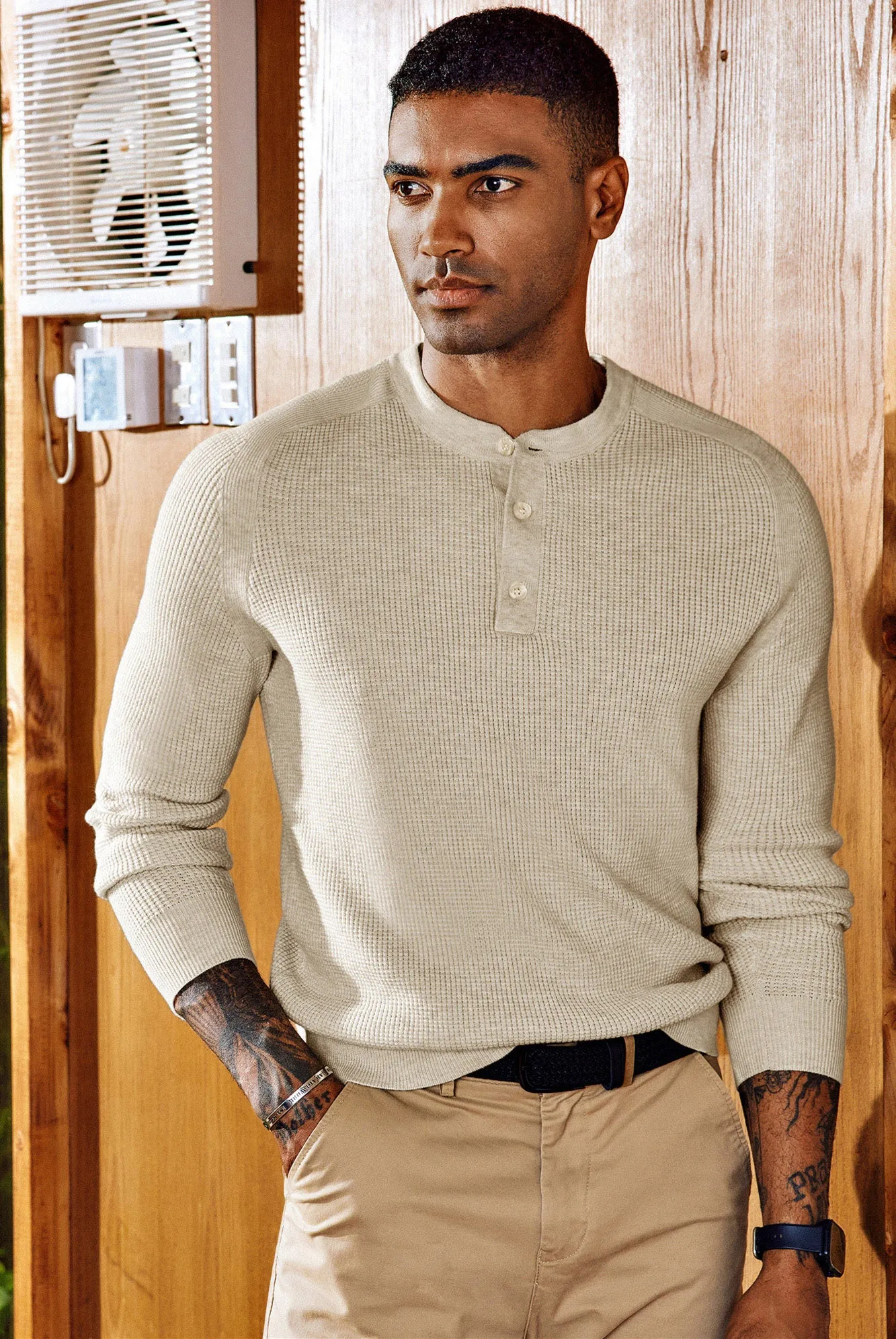 Men Waffle Textured Sweater Long Raglan Sleeve Henley Neck Knitwear Tops