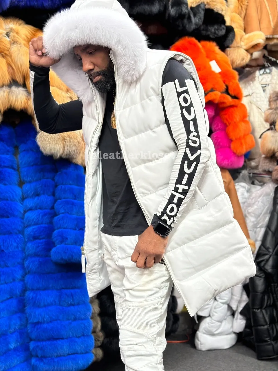 White Mens Alpine Leather Bubble Vest With Premium Fox Fur Hood