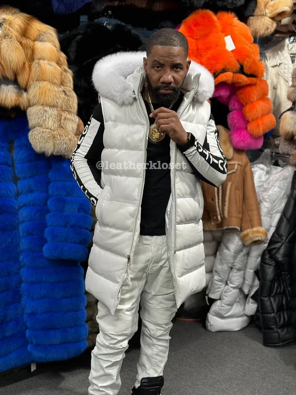 White Mens Alpine Leather Bubble Vest With Premium Fox Fur Hood