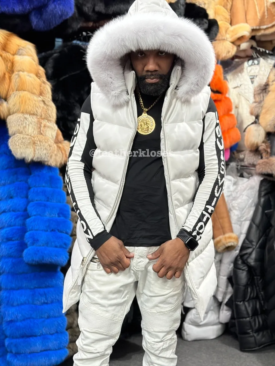 White Mens Alpine Leather Bubble Vest With Premium Fox Fur Hood