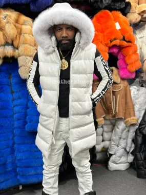 White Mens Alpine Leather Bubble Vest With Premium Fox Fur Hood