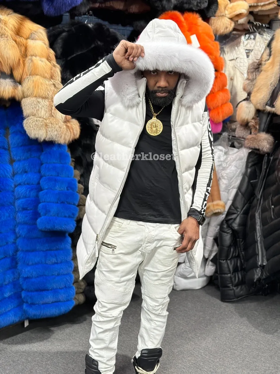 White Mens Alpine Leather Bubble Vest With Premium Fox Fur Hood