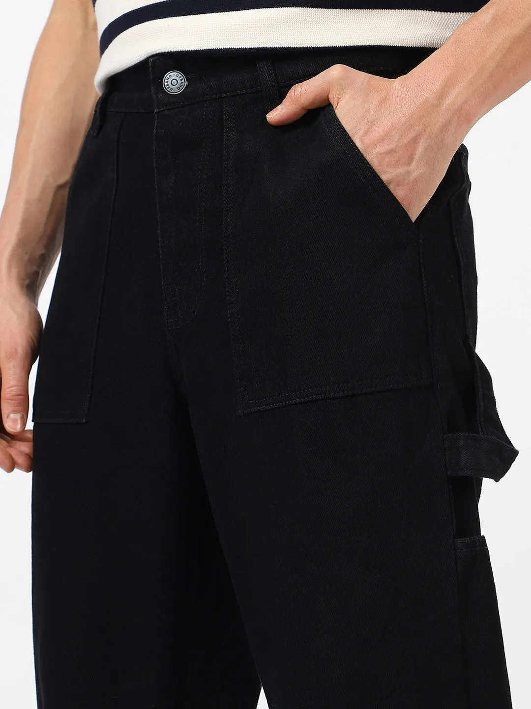 Men's Black Loose Baggy  Fit Carpenter Cargo Jeans With 6 Pockets Non-Stretchable