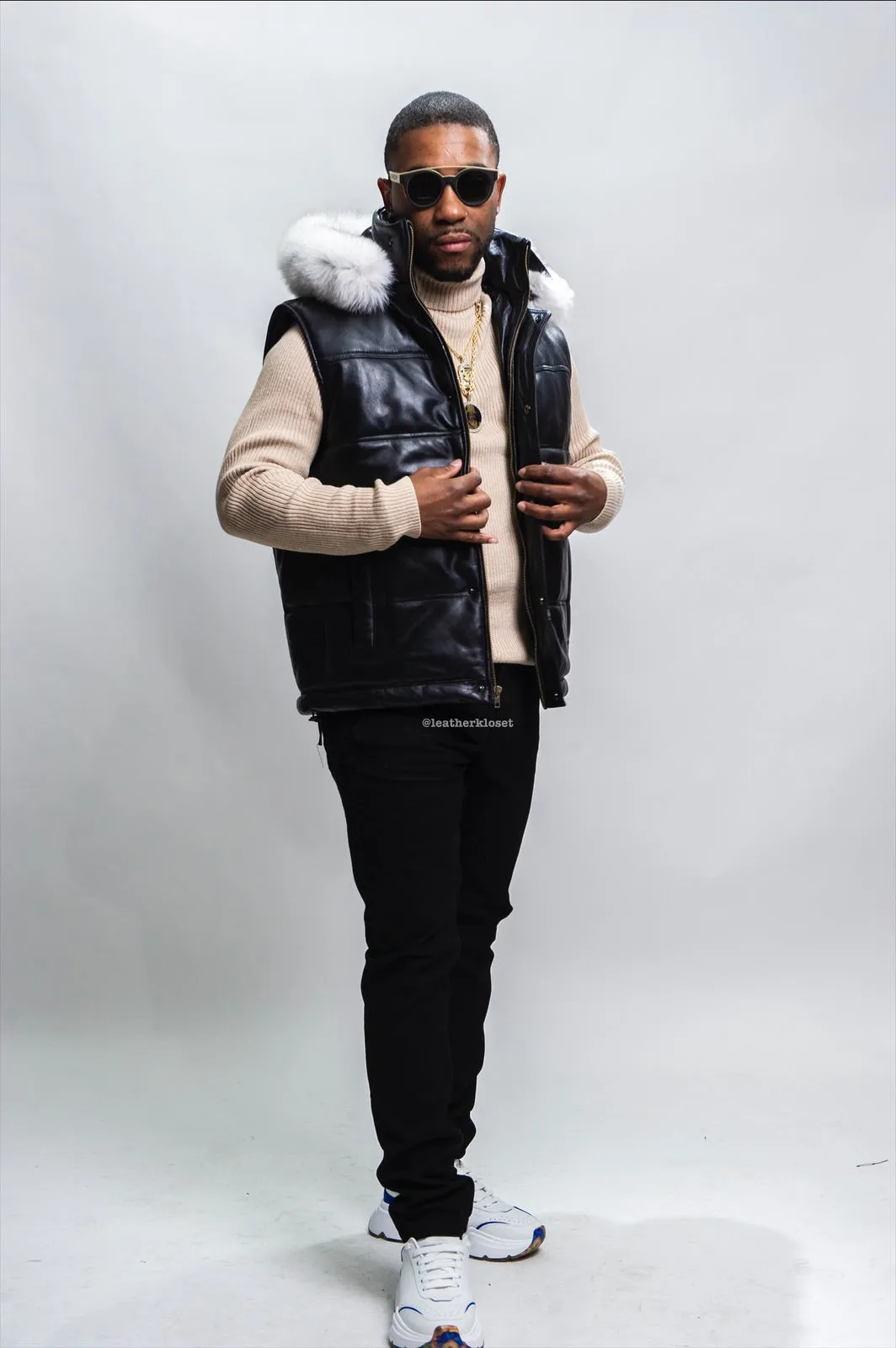 Men's Leather Bubble Vest With Premium Fox Fur Hood