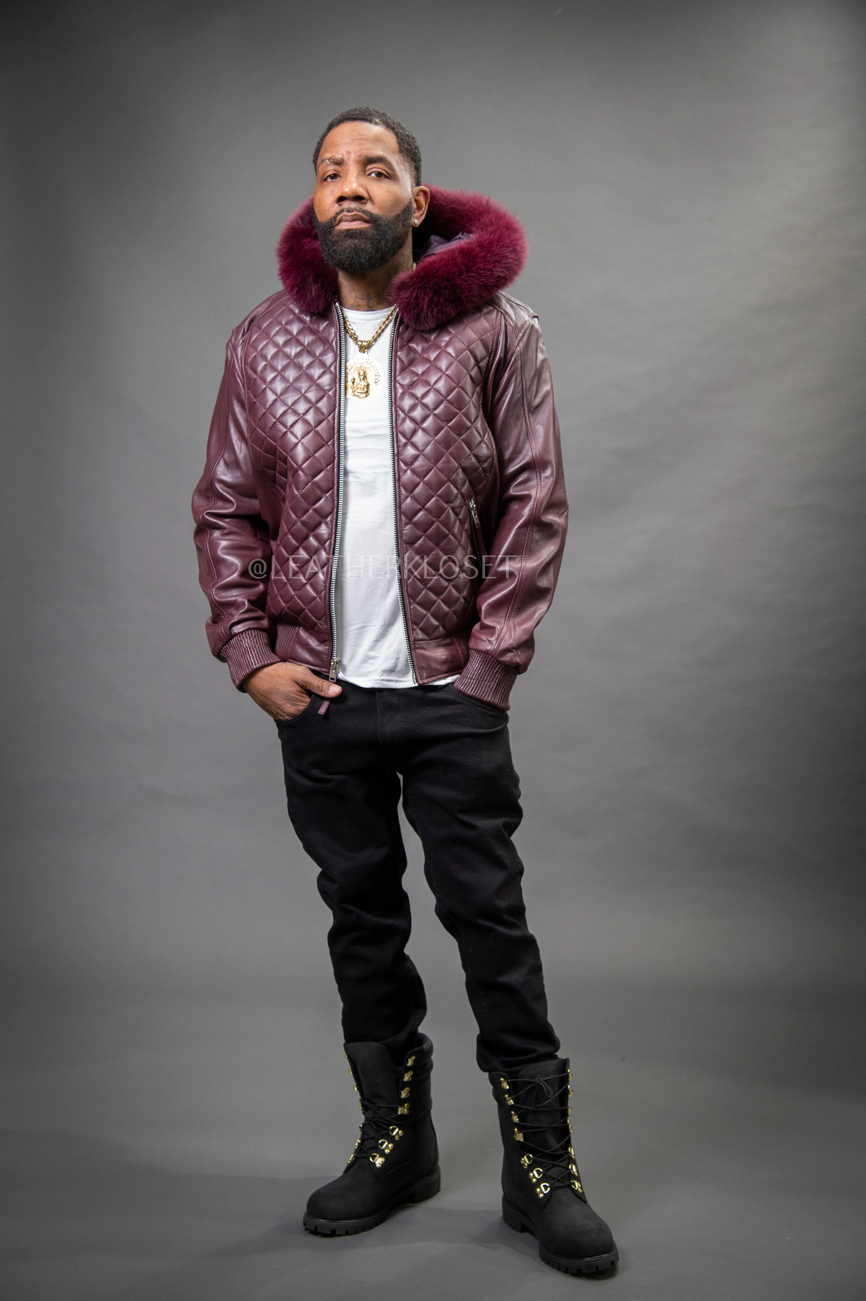 Men's Lucas Quilted Leather Bomber Jacket With Fox Hood [Wine]