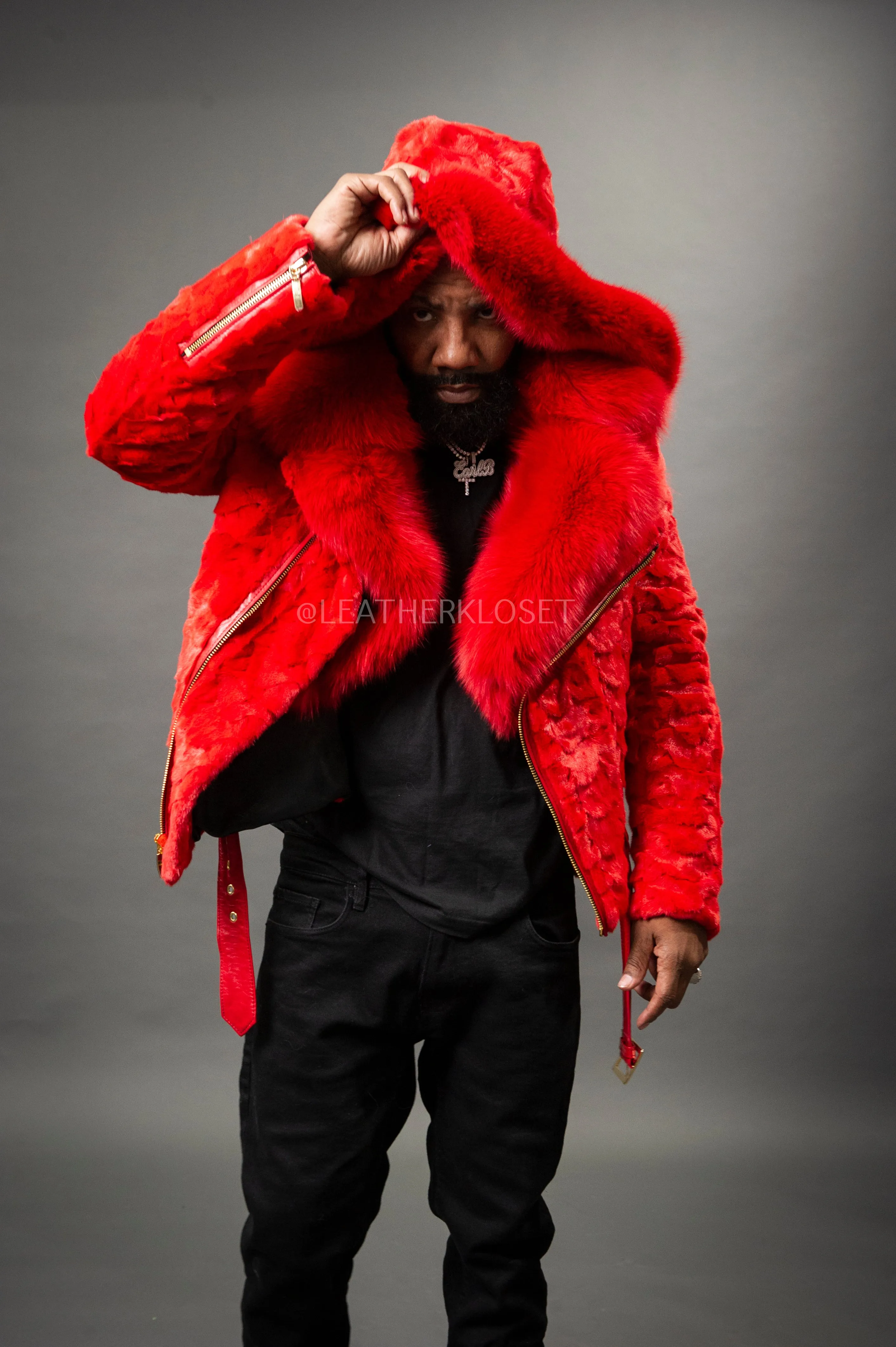 Mens Red Mink Biker Jacket