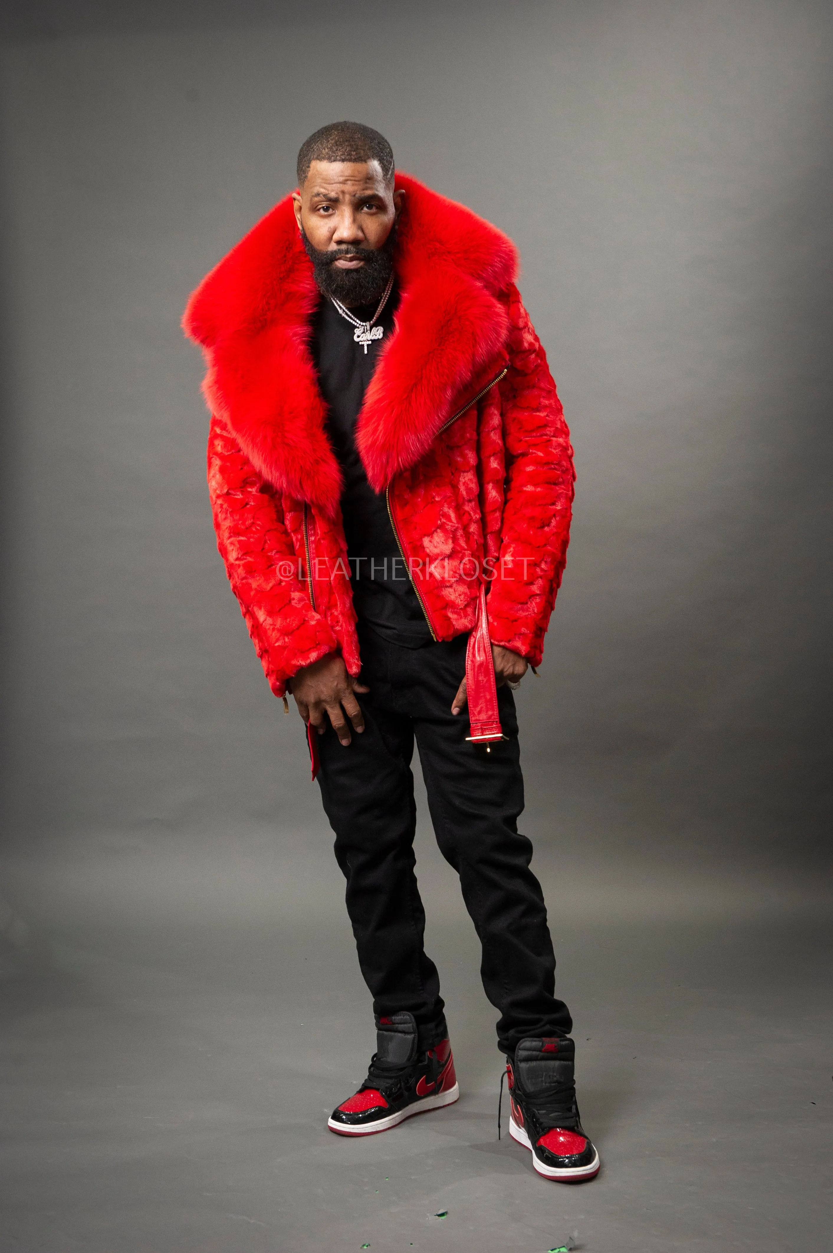 Mens Red Mink Biker Jacket