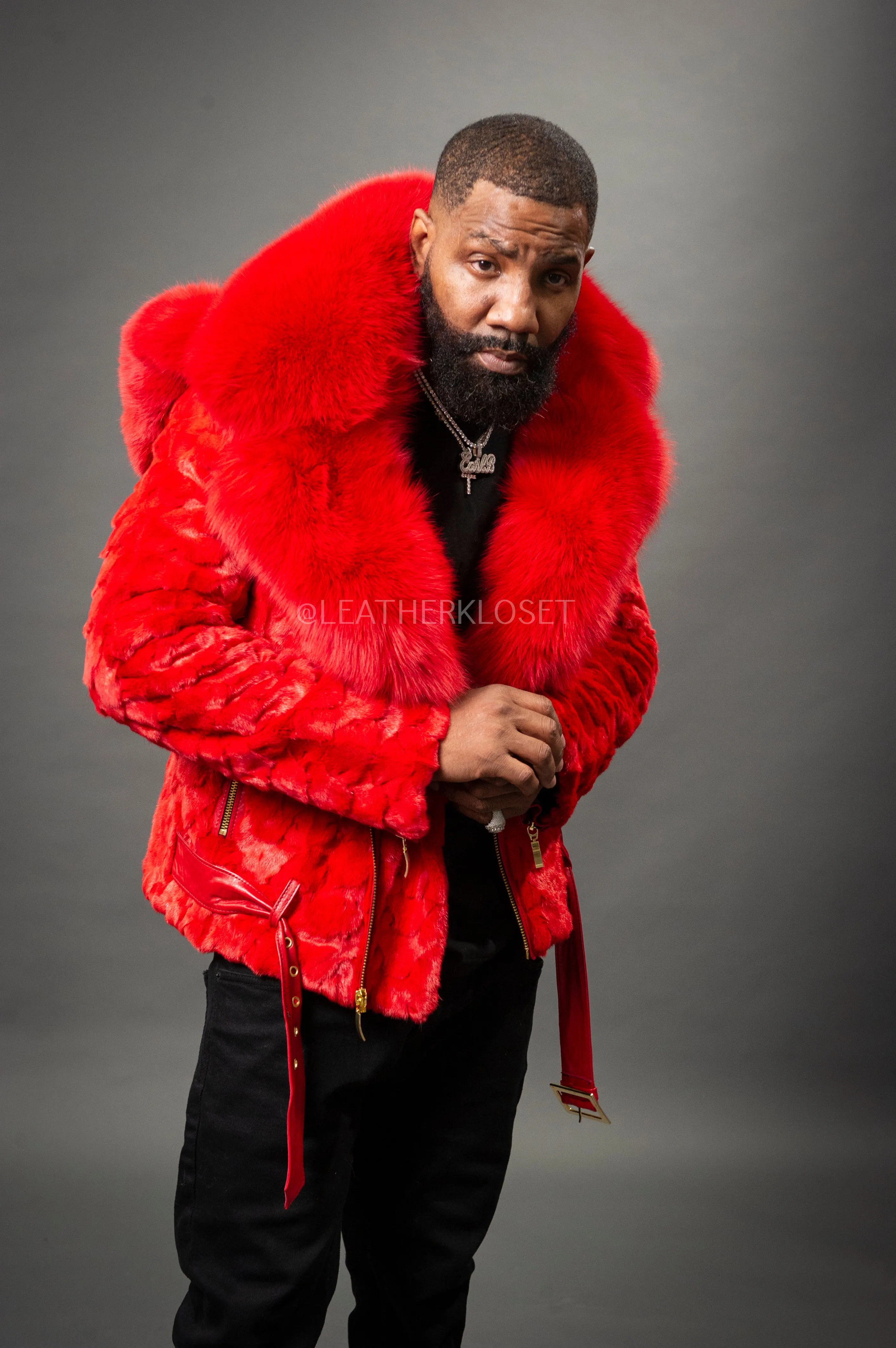 Mens Red Mink Biker Jacket