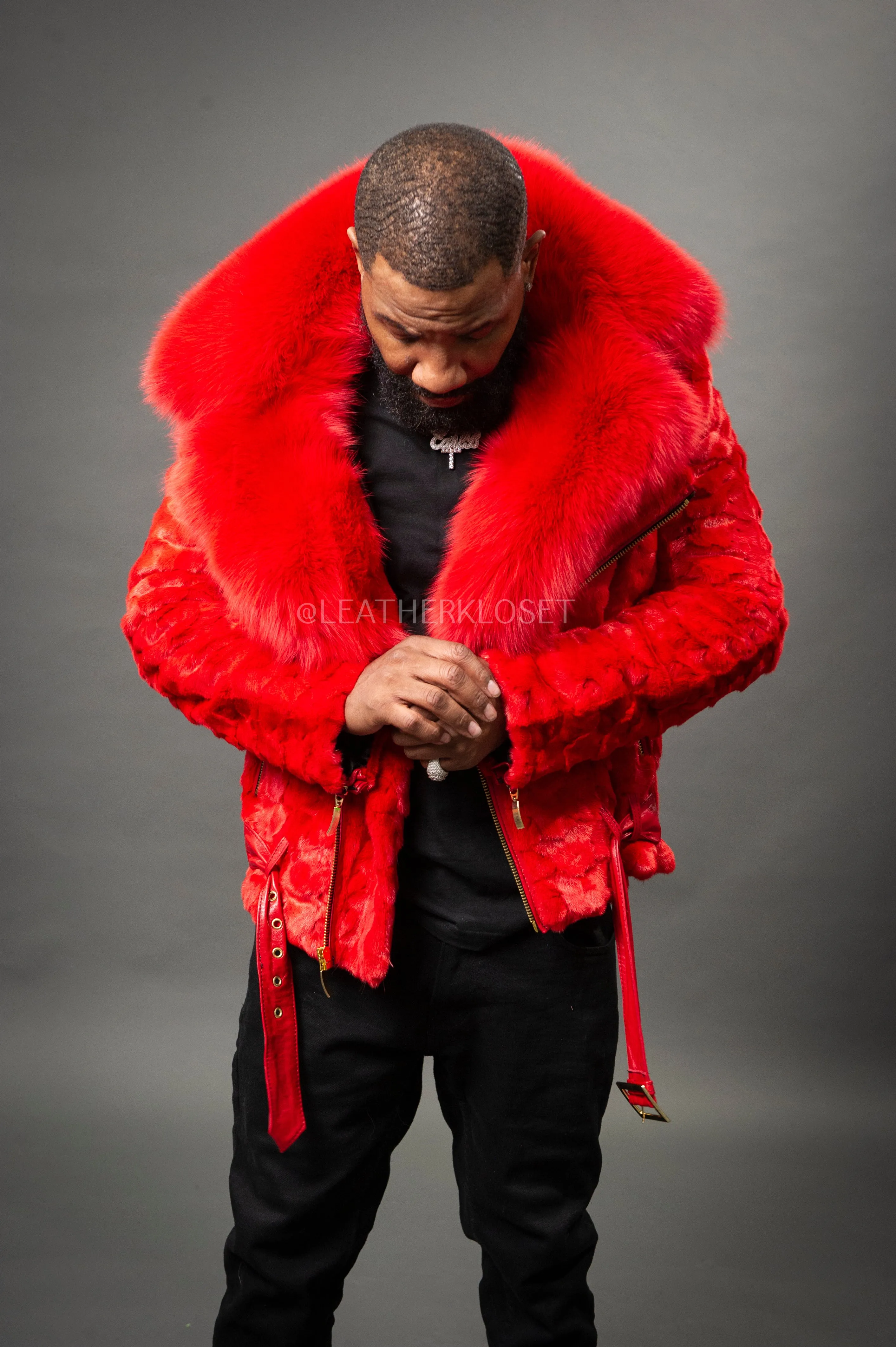 Mens Red Mink Biker Jacket